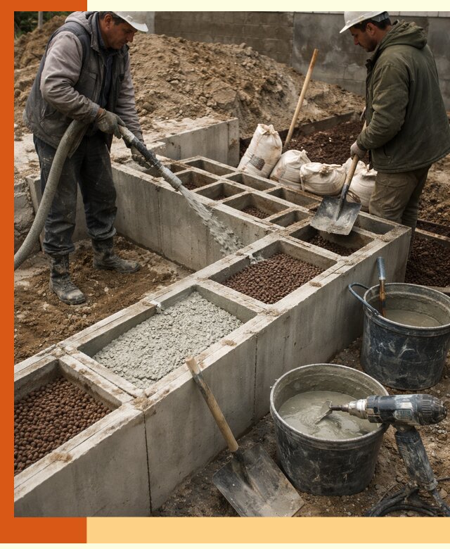 Заполнение полостей фундамента в Великом Устюге герметичным утеплением и повышением прочности